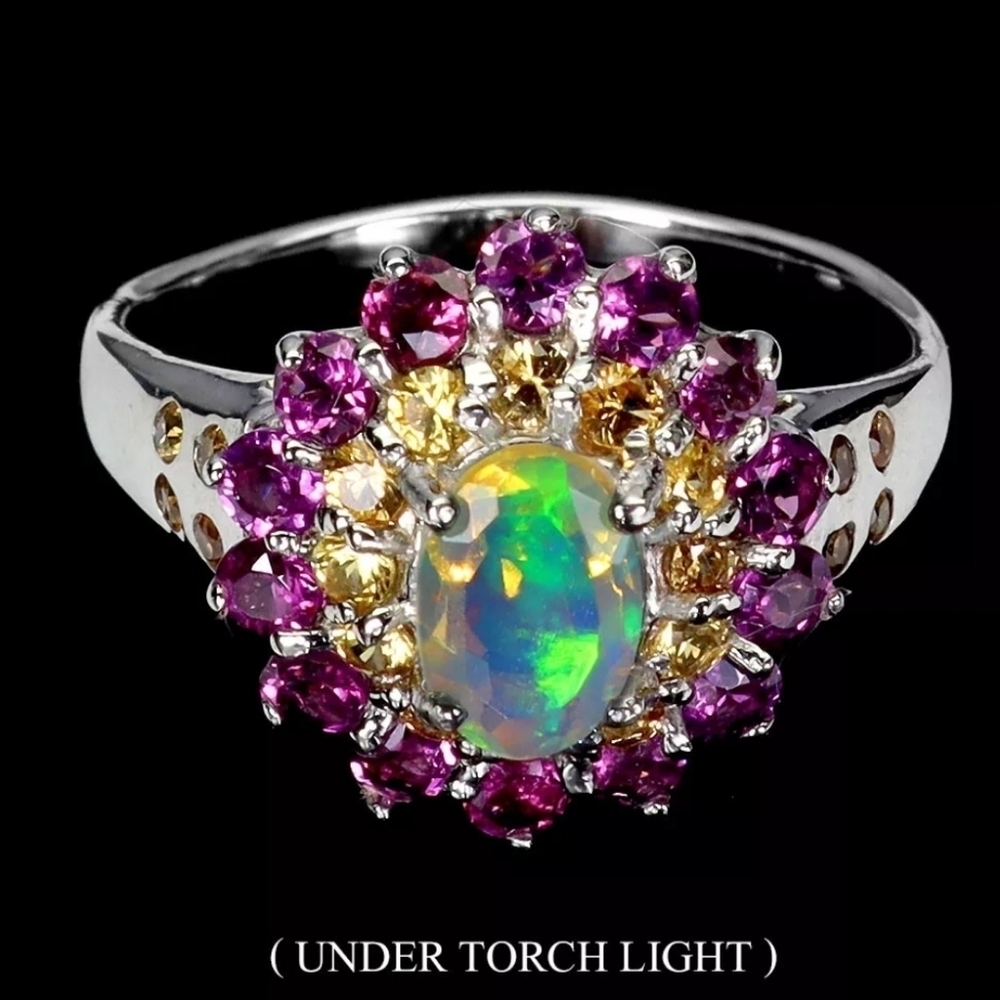 925 Sterling Silver Ring Oval Fire Opal 7x5mm Sapphire Gemstone Jewelry Size 9